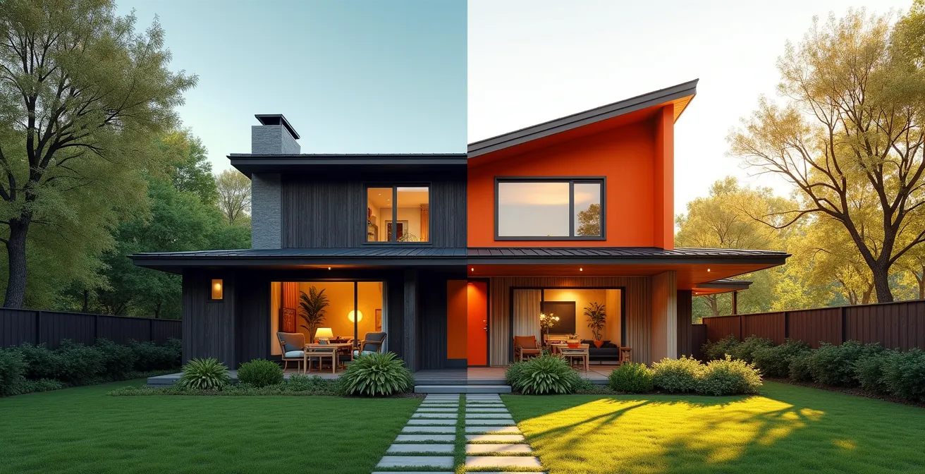 Comparaison visuelle entre une maison s'intégrant au paysage et une maison offrant un contraste architectural marqué