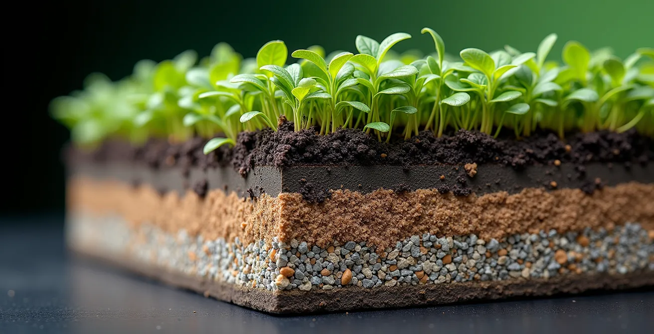 Coupe transversale détaillée montrant les différentes couches d'une toiture végétalisée