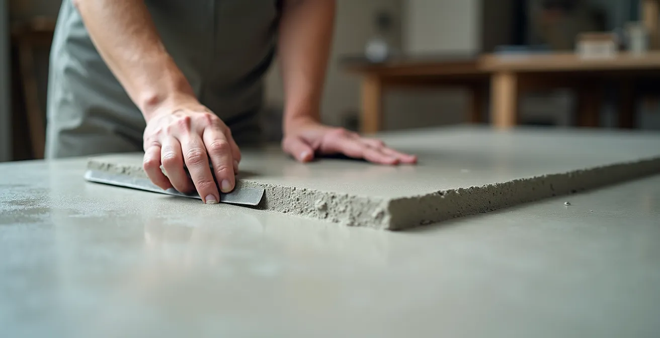 Artisan québécois appliquant le béton ciré avec une taloche inox dans une maison canadienne