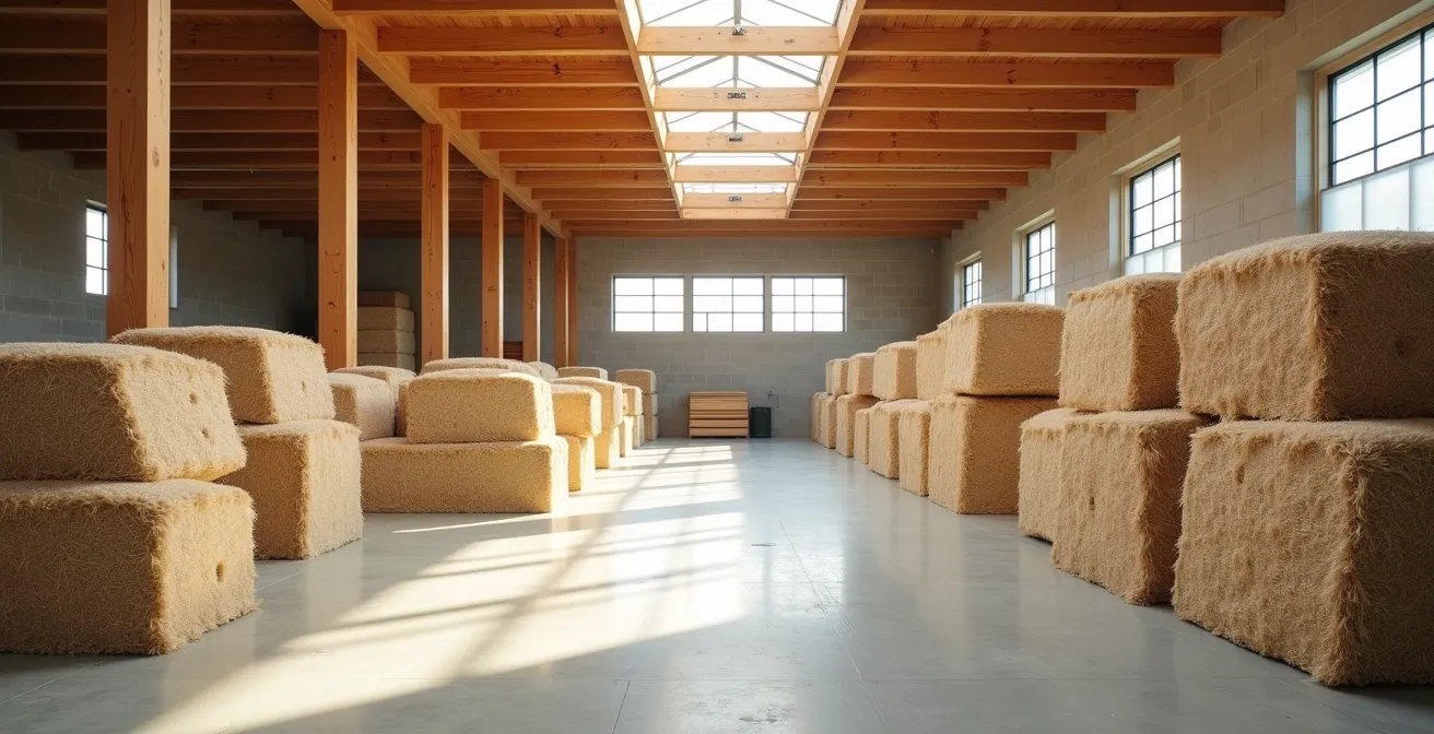 Vue d'ensemble d'un entrepôt québécois moderne stockant des matériaux biosourcés avec palettes de chanvre et piles de bois local