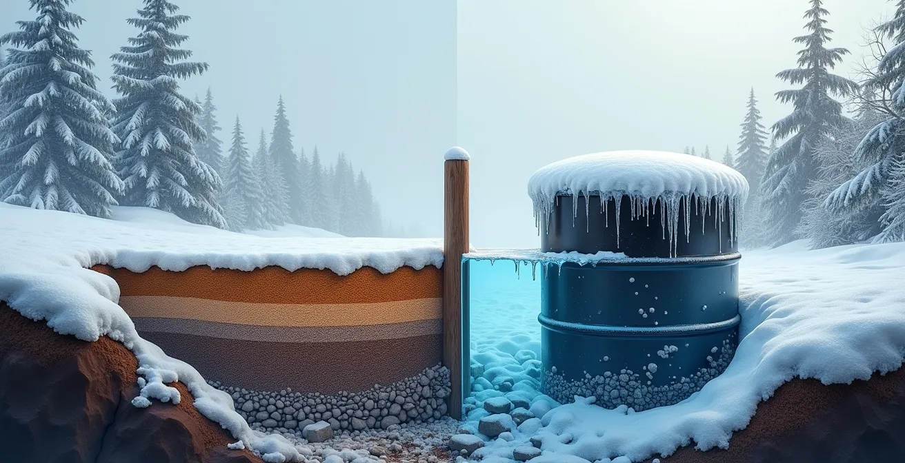 Coupe transversale montrant une cuve enterrée sous la ligne de gel et une cuve hors-sol avec isolation hivernale