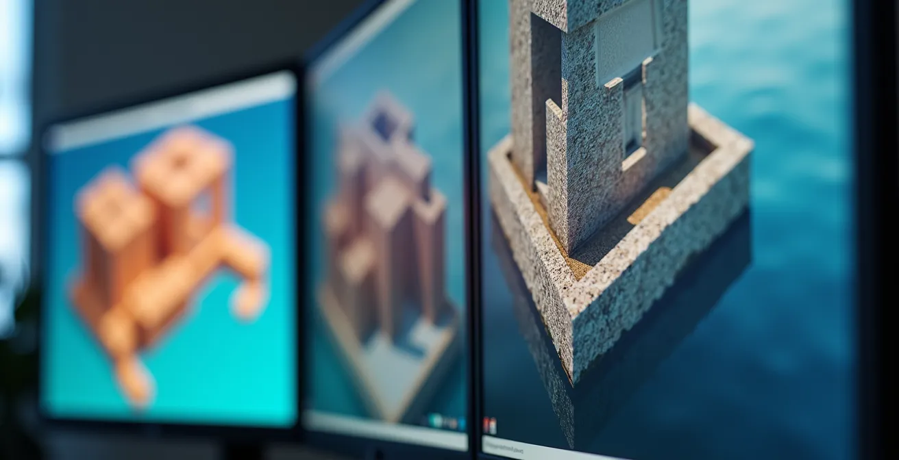 Vue macro d'un écran montrant trois interfaces de logiciels 3D côte à côte avec des modèles architecturaux