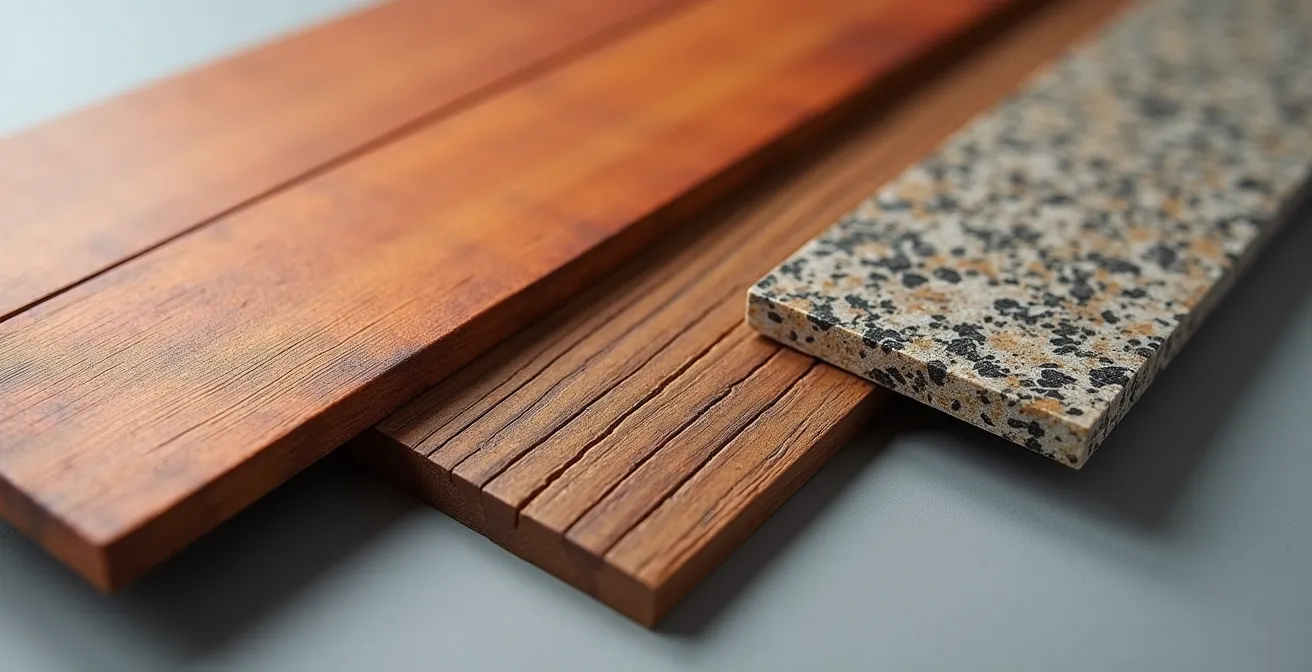 Échantillons de matériaux de terrasse montrant les textures du cèdre, du composite et de la pierre naturelle