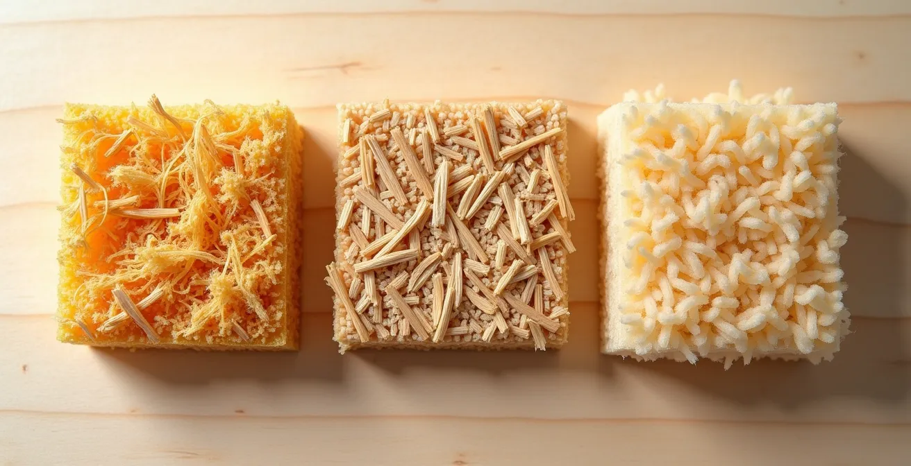 Gros plan macro sur trois échantillons d'isolants biosourcés disposés côte à côte montrant les textures distinctes du chanvre, de la paille et de la fibre de bois