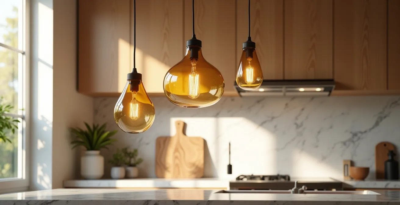 Trois suspensions en verre soufflé alignées au-dessus d'un îlot de cuisine en érable