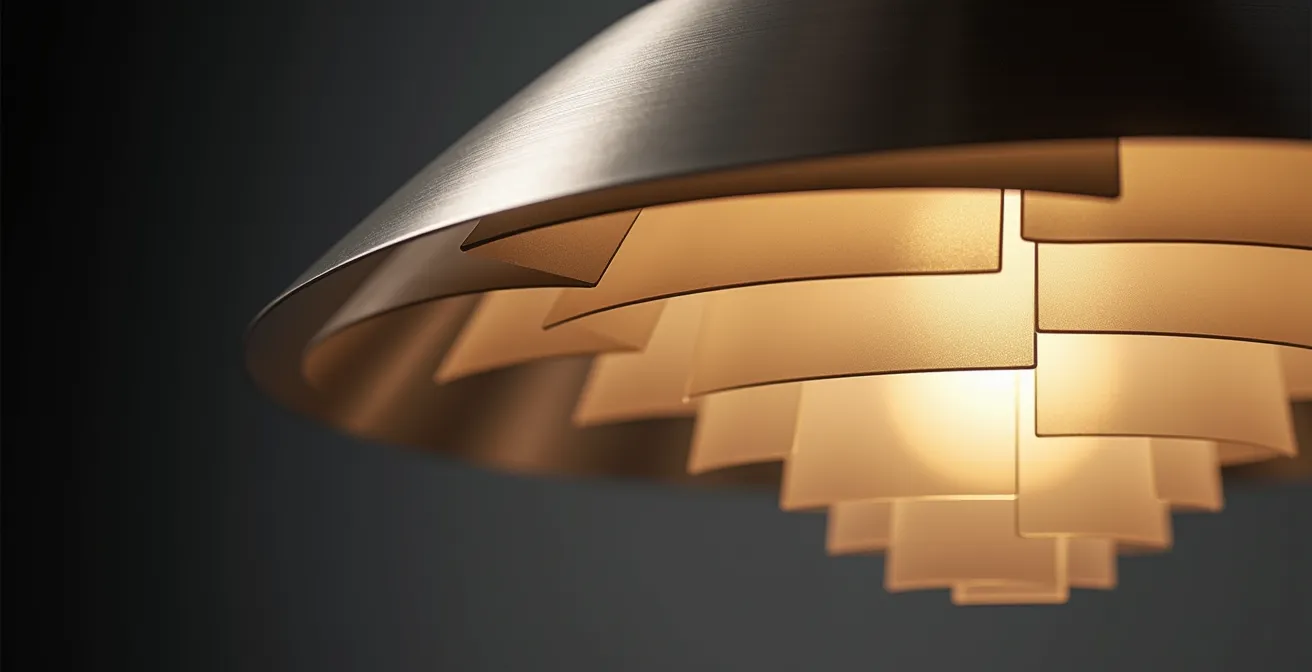 Vue rapprochée d'un luminaire design montrant les couches de diffusion et les angles calculés pour éliminer l'éblouissement