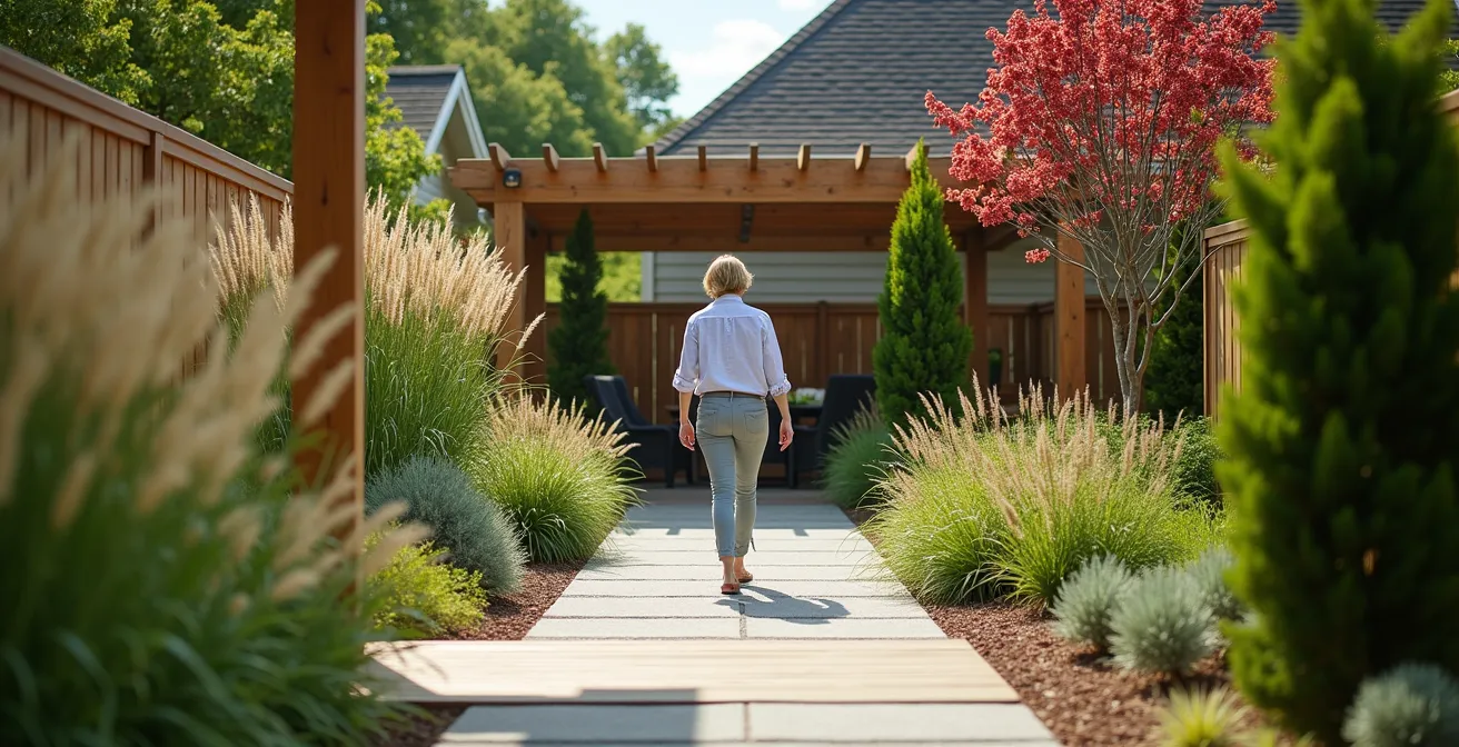 Jardin avec des séparations d'espaces créées par des pergolas, graminées hautes et changements de matériaux au sol