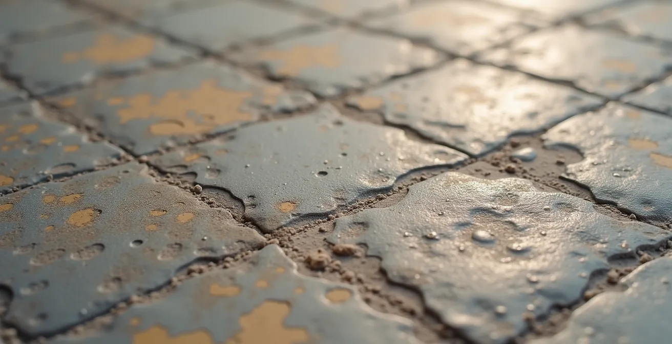 Texture macro d'un béton ciré patiné montrant la beauté des imperfections et nuances