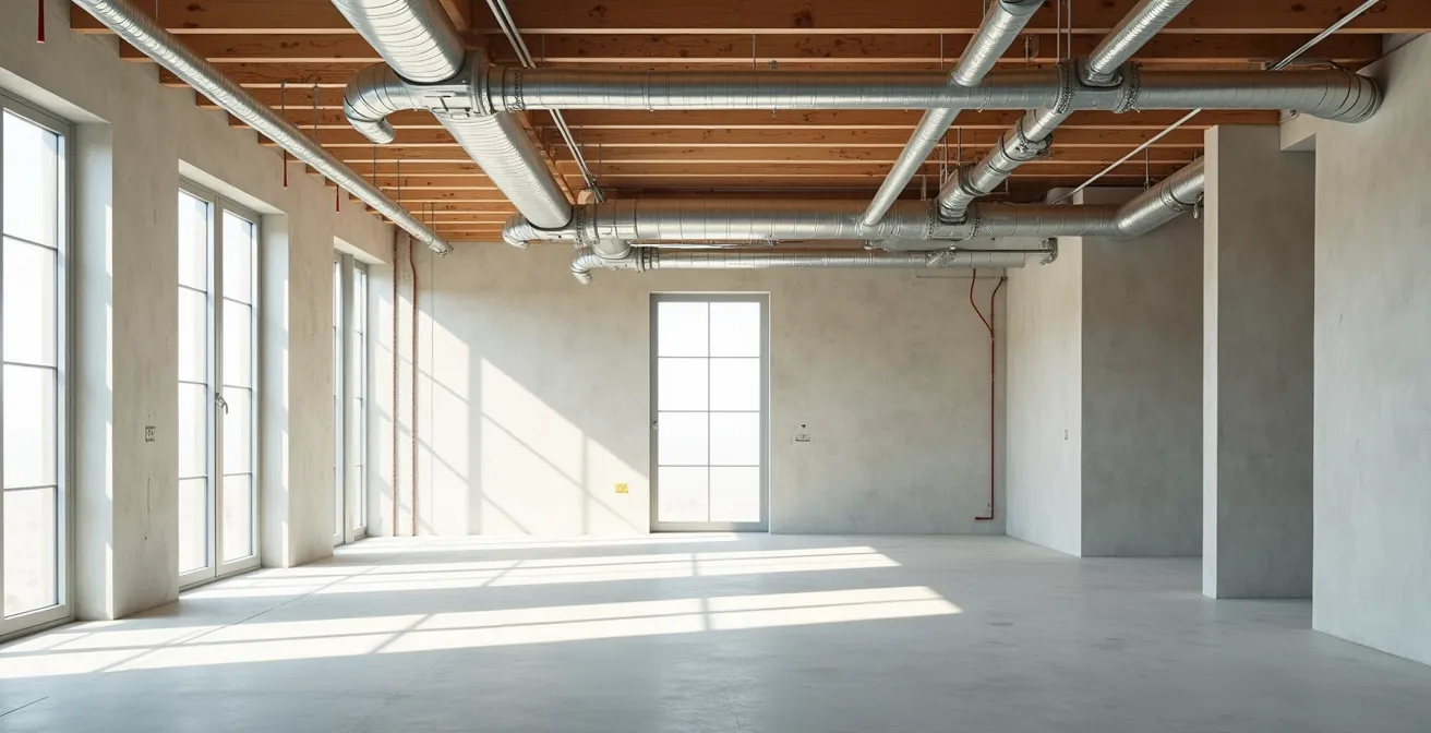 Vue large d'un espace architectural épuré montrant l'intégration subtile des systèmes techniques