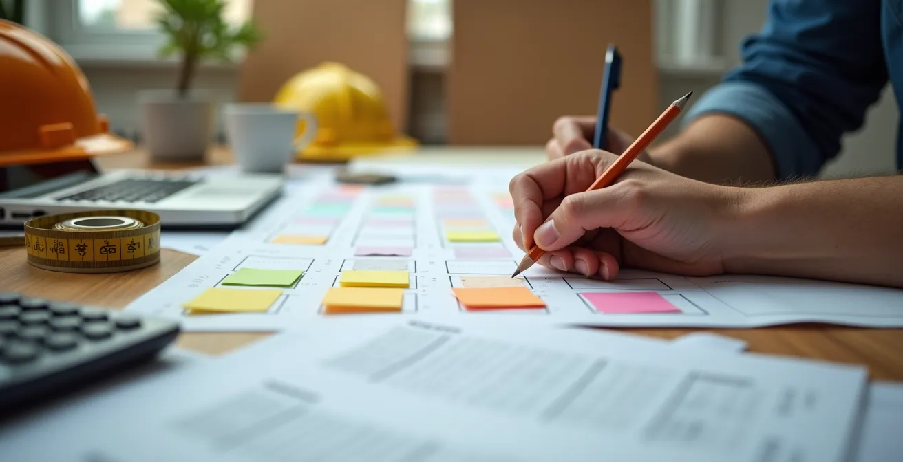 Vue d'ensemble d'un bureau avec planning de rénovation et outils de planification analogiques comme des notes collantes et un calendrier papier.