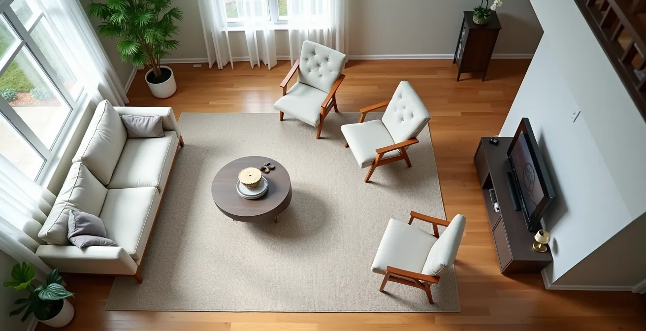 Vue aérienne d'un salon canadien montrant le placement optimal d'un grand tapis qui unifie le mobilier