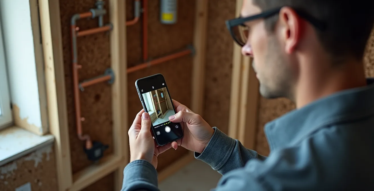 Propriétaire photographiant les travaux de plomberie avant la fermeture des murs avec un smartphone