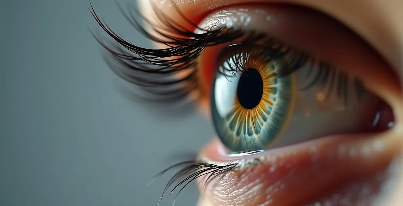 Vue macro d'un œil humain avec reflet de multiples points lumineux illustrant la fatigue visuelle