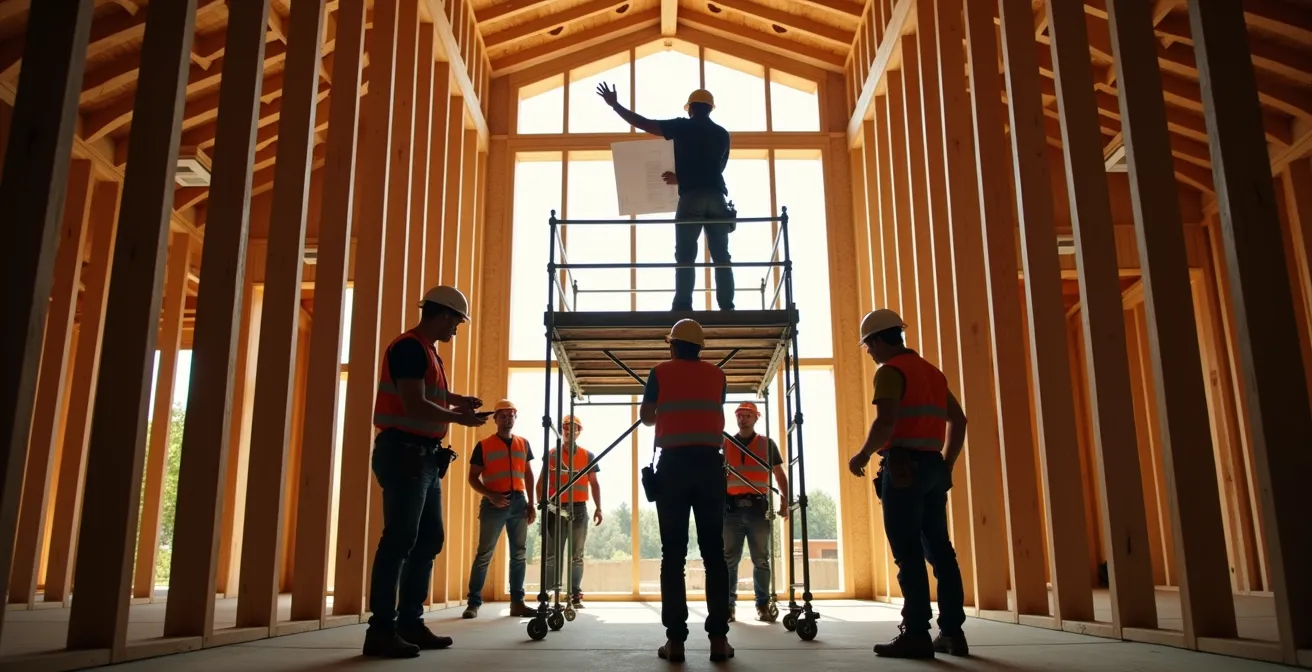 Entrepreneur général coordonnant plusieurs corps de métier sur un chantier résidentiel