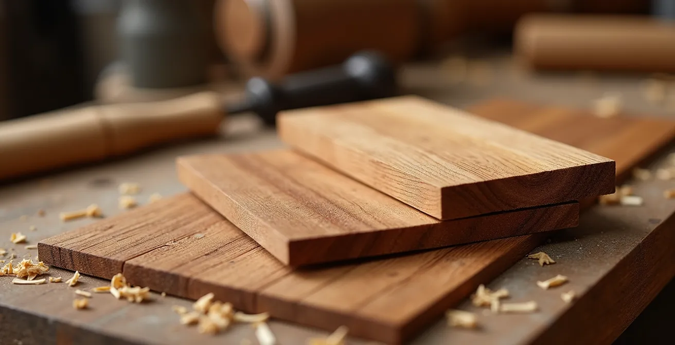 Échantillons de bois canadiens érable, merisier et chêne disposés sur une table d'ébéniste