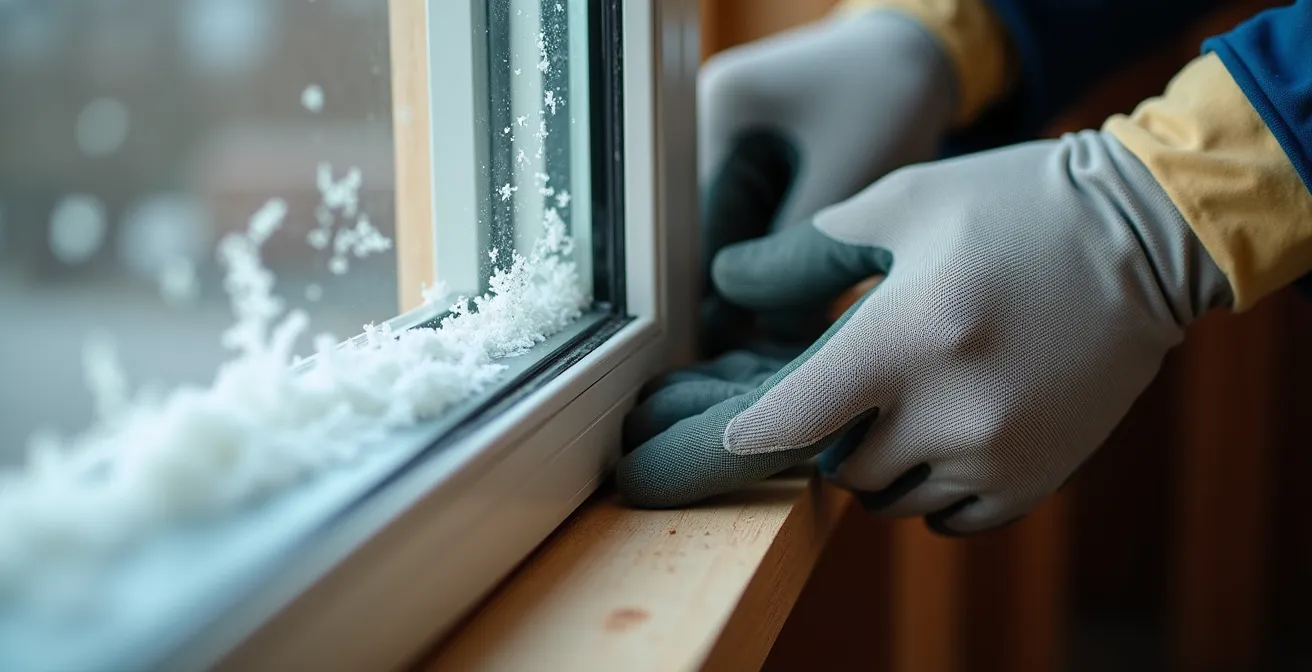 Gros plan sur l'installation d'une fenêtre certifiée Energy Star dans une maison canadienne, montrant la précision de la pose du coupe-froid.