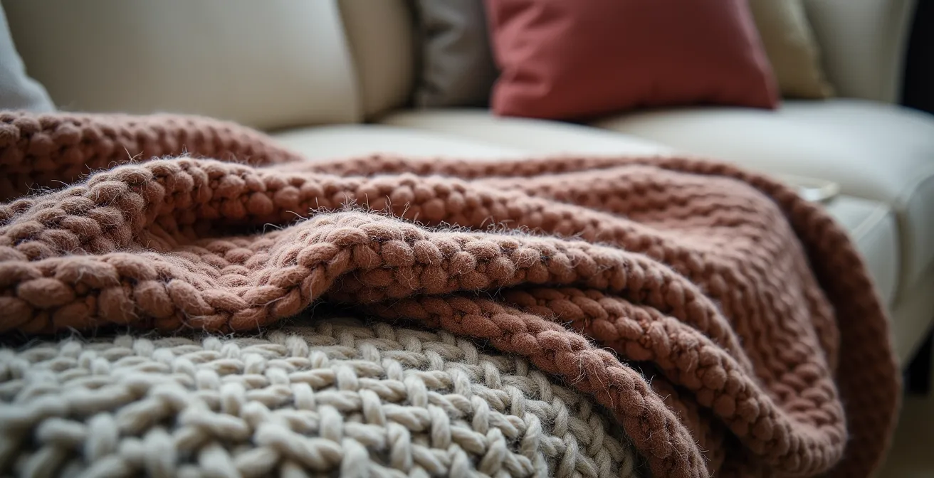 Gros plan sur un canapé avec superposition de textiles d'hiver canadiens pour un effet cocooning