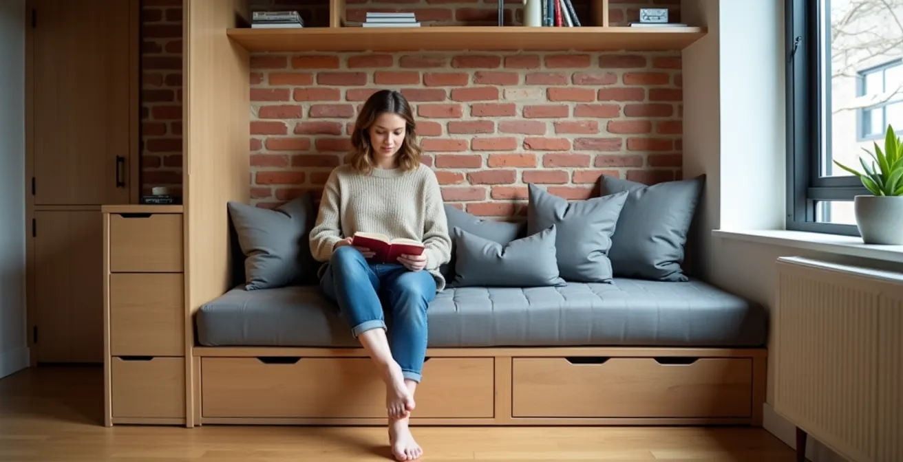 Meuble sur mesure multifonction dans un petit condo montréalais avec rangements cachés