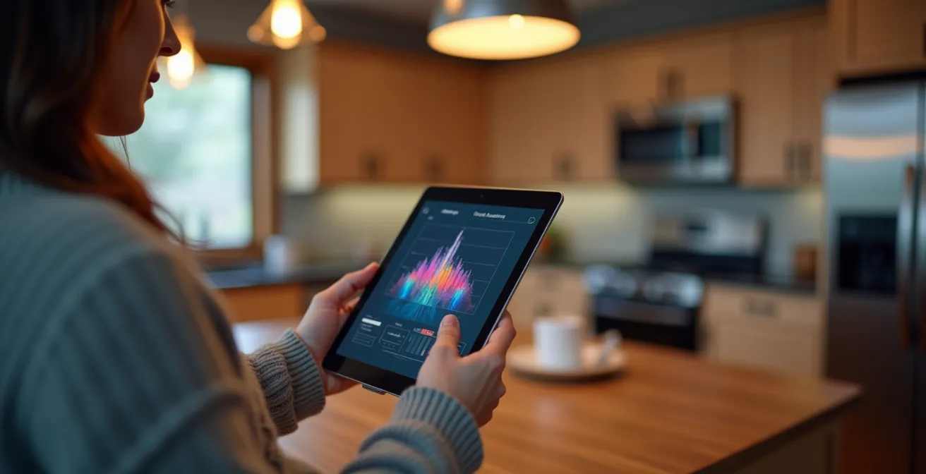 Main tenant une tablette affichant des graphiques de consommation énergétique avec arrière-plan flou d'une cuisine moderne