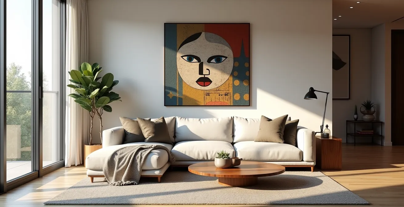 Grande œuvre d'art autochtone dans un salon canadien baigné de lumière