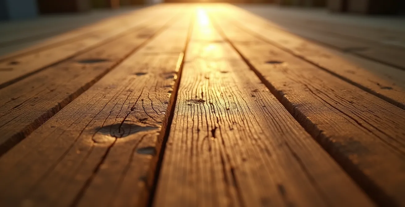 Parquet ancien avec patine noble sous lumière naturelle révélant la beauté du grain