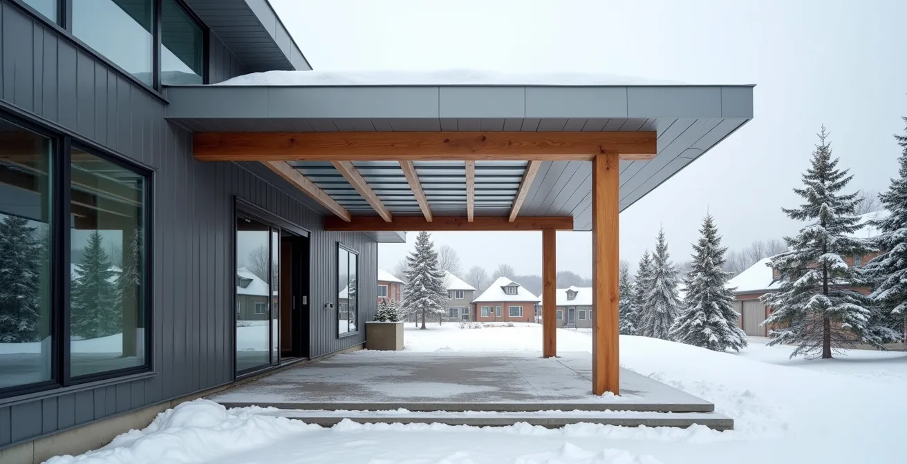 Pergola bioclimatique intégrée harmonieusement à une maison canadienne avec accumulation de neige légère