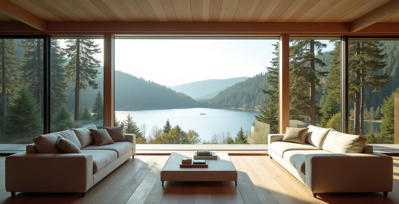 Salon canadien avec grande baie vitrée encadrant une vue spectaculaire sur un lac entouré de forêt, mobilier disposé pour magnifier la vue