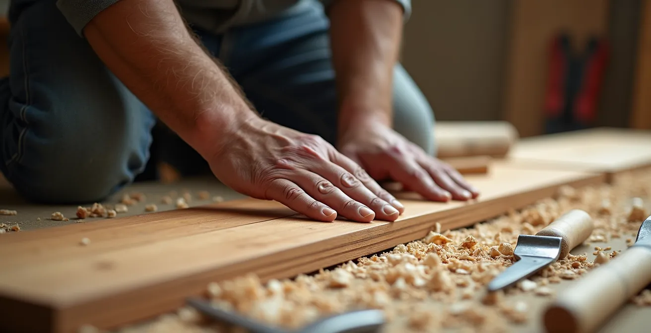 Artisan posant un parquet massif en chêne avec outils traditionnels