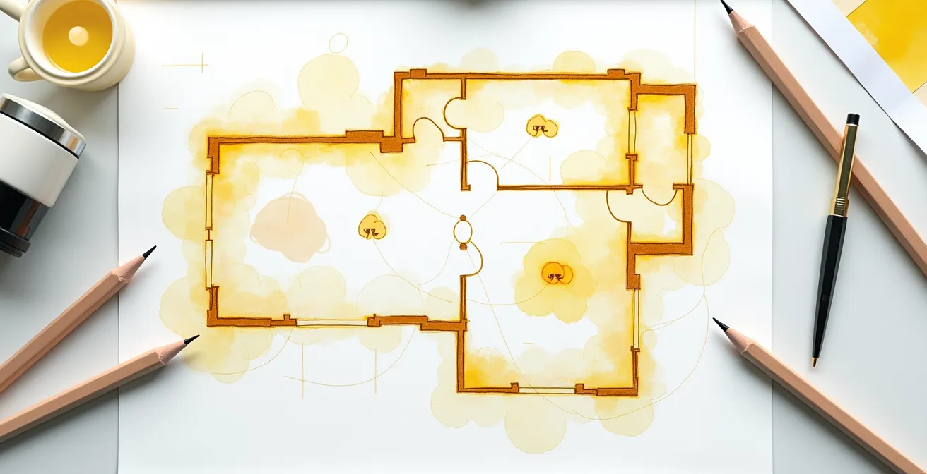 Vue aérienne minimaliste d'un plan d'architecte avec zones d'éclairage dessinées et annotations conceptuelles