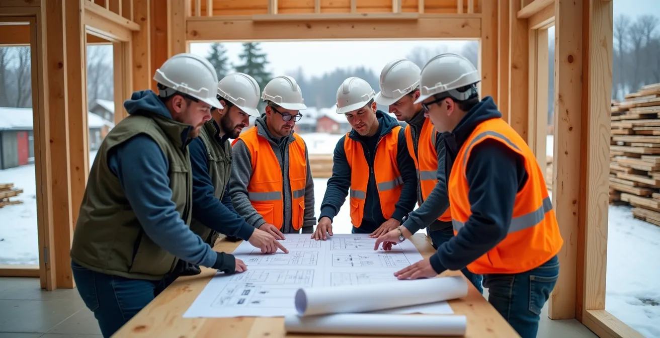 Réunion de chantier avec différents corps de métier autour d'une table de plans