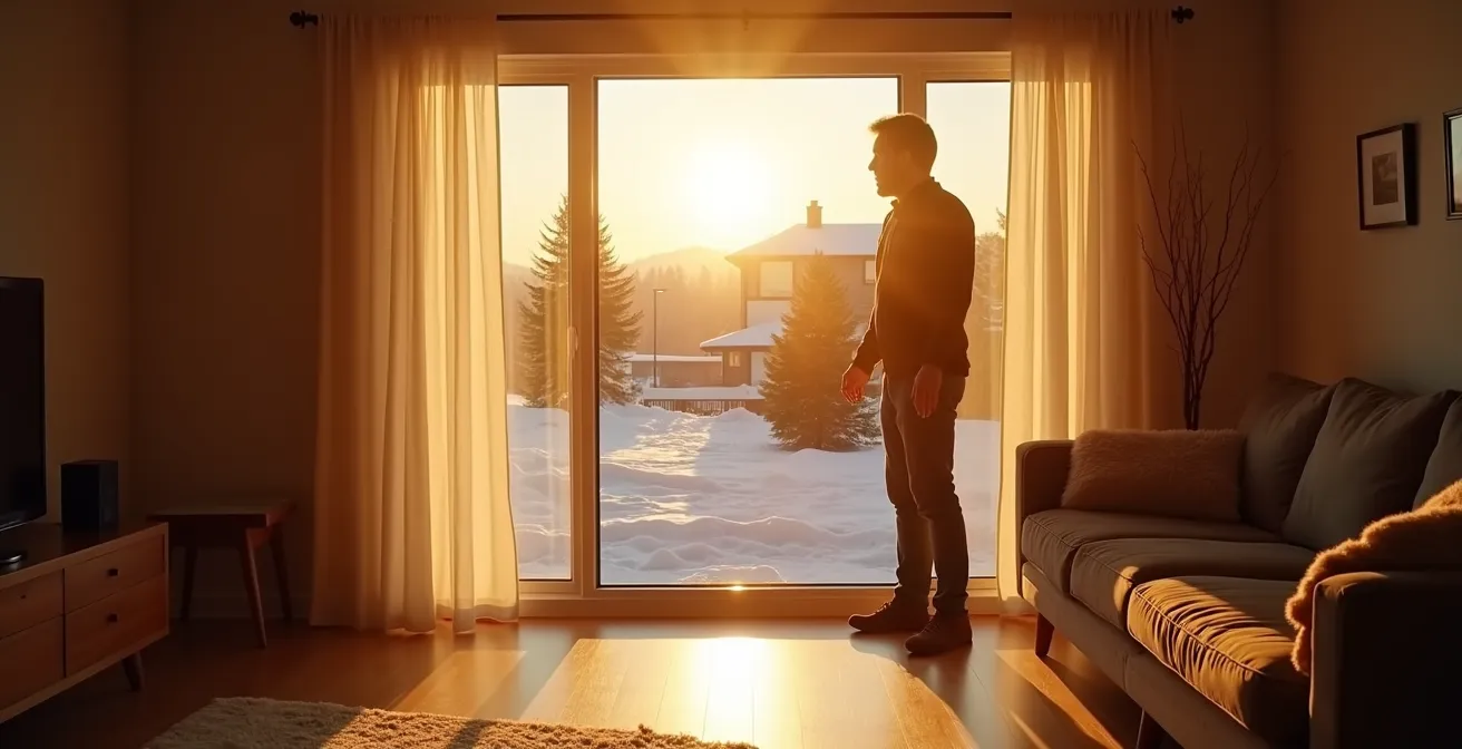 Personne ouvrant des rideaux devant une grande fenêtre ensoleillée orientée sud en hiver