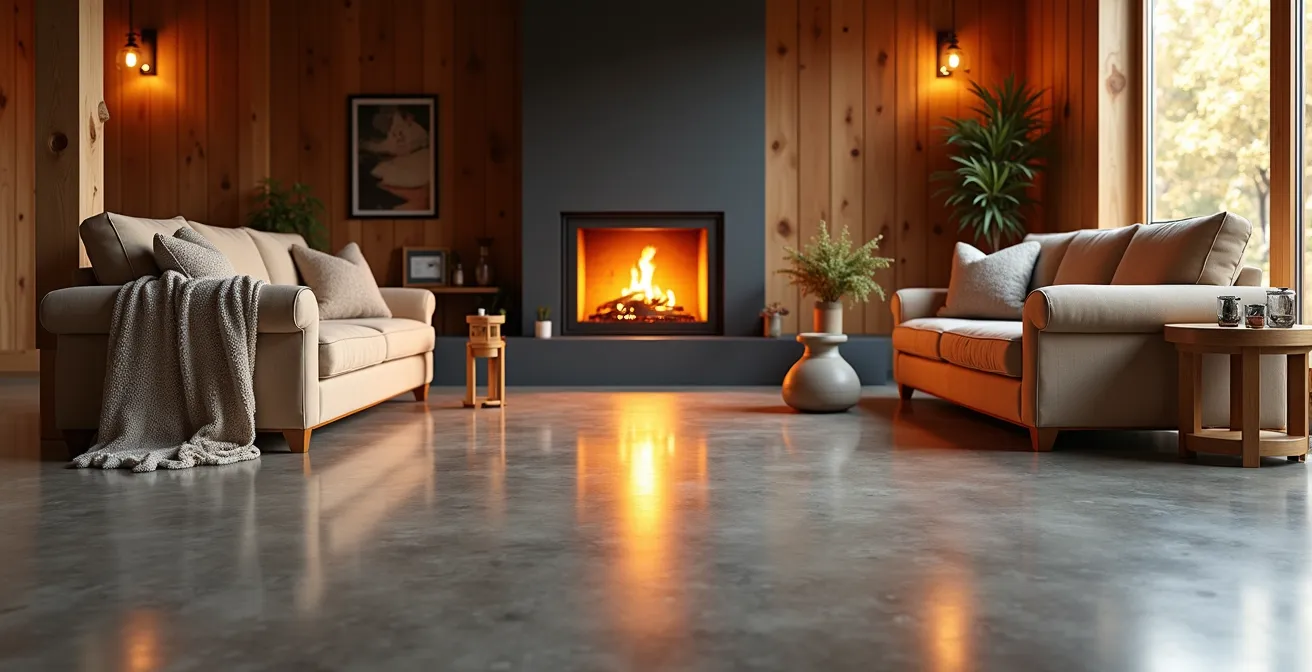 Intérieur chaleureux d'un salon canadien avec sol en béton ciré et mobilier en bois d'érable