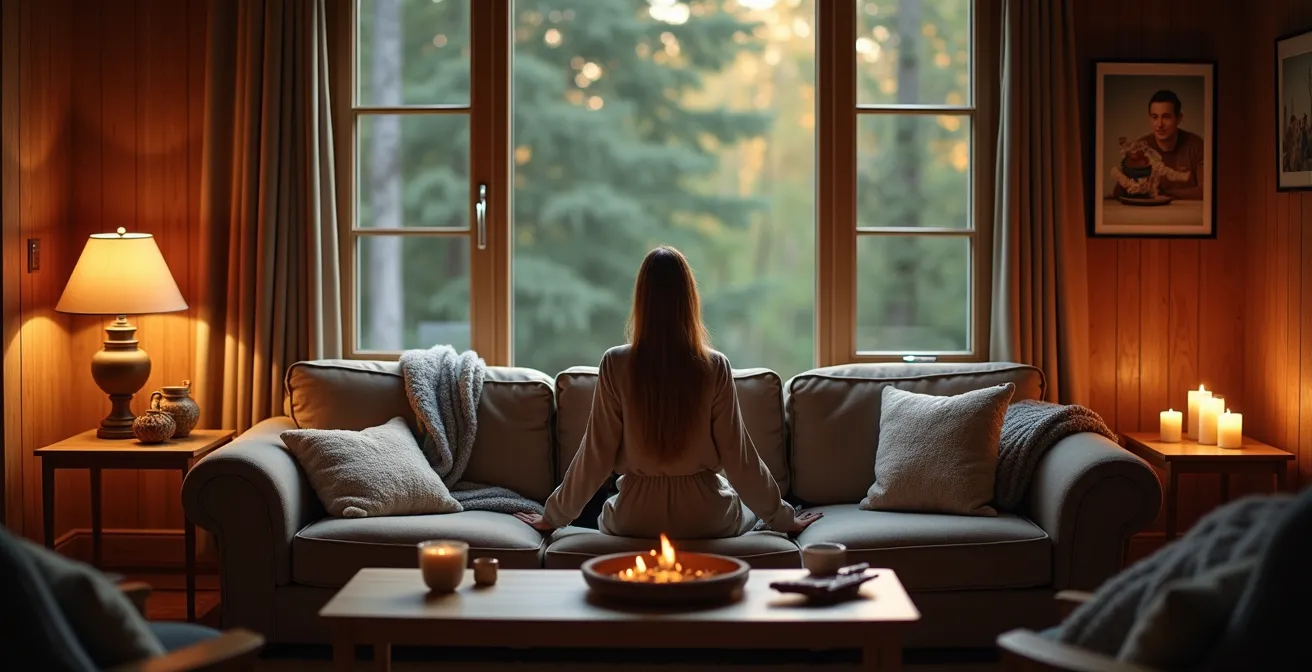 Salon canadien illustrant le concept prospect-refuge avec canapé adossé au mur face à une grande fenêtre, éclairage multicouche créant une ambiance chaleureuse