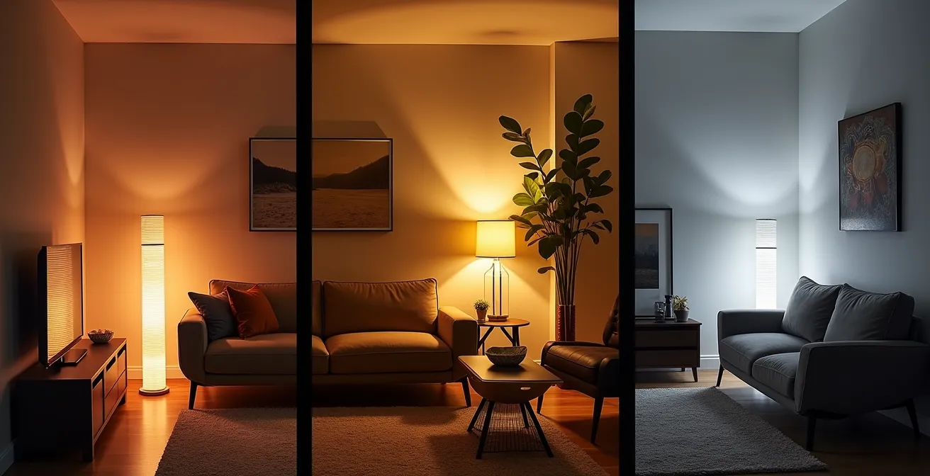Salon moderne montrant trois ambiances lumineuses différentes pour illustrer les modes tempête, télétravail et 5 à 7