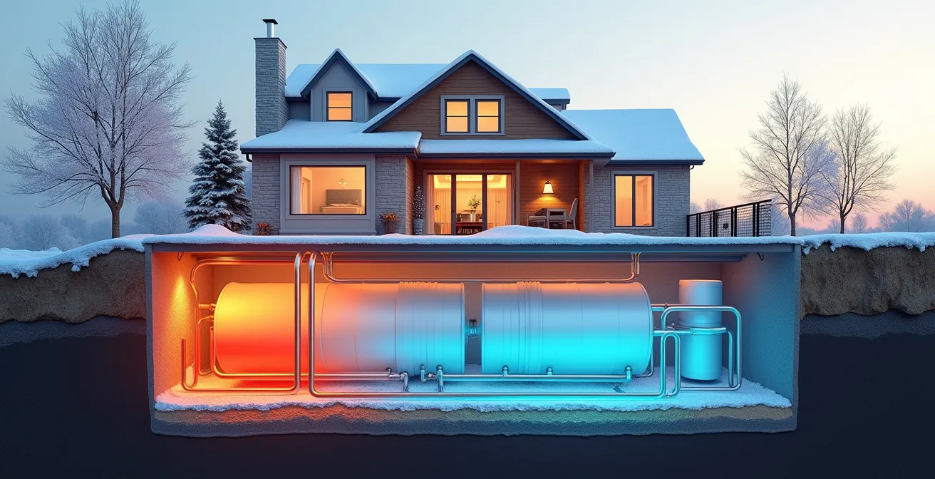 Système de stockage thermique souterrain avec réservoirs et canalisations dans une vue en coupe