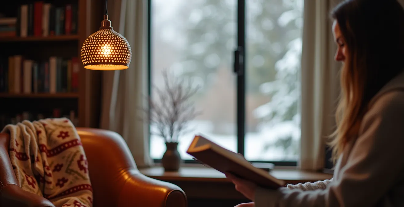Suspension design en cuivre au-dessus d'un fauteuil de lecture près d'une fenêtre enneigée