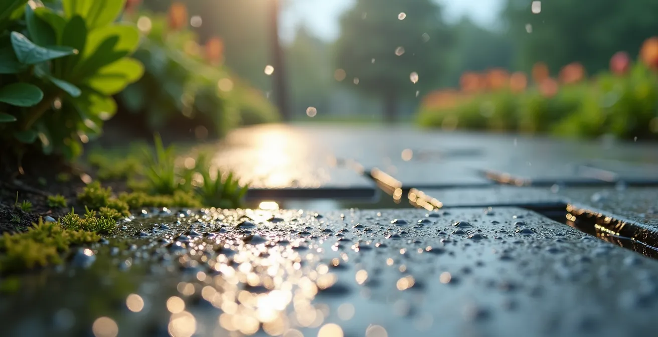 Système de gestion des eaux pluviales avec jardin de pluie et toit végétalisé
