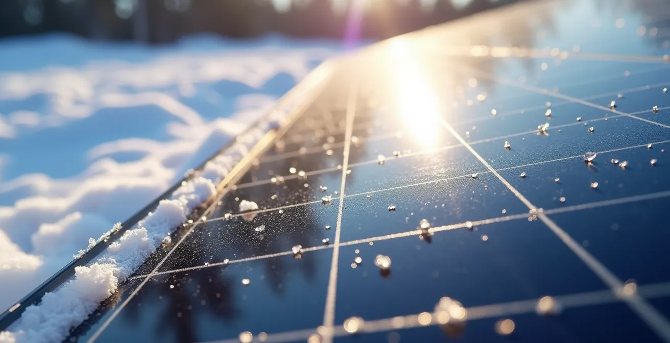 Vue macro détaillée d'un panneau solaire bifacial captant la lumière reflétée par la neige