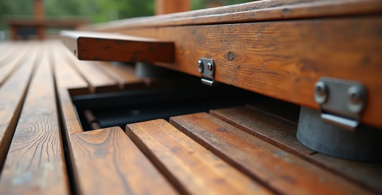 Vue détaillée d'un banc-coffre ventilé intégré dans une terrasse avec trappes d'accès dissimulées