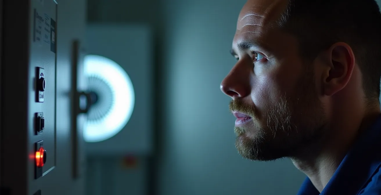 Technicien effectuant un test d'infiltrométrie avec équipement spécialisé dans une maison