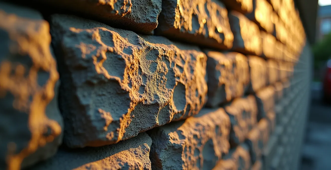 Mur de pierre des champs éclairé par une lumière rasante révélant toute la richesse des textures naturelles