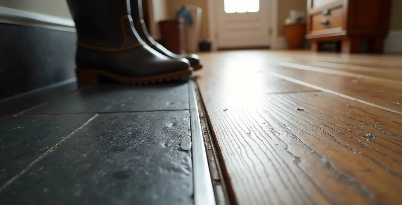 Transition élégante entre une entrée en ardoise et un salon en bois franc dans une maison canadienne