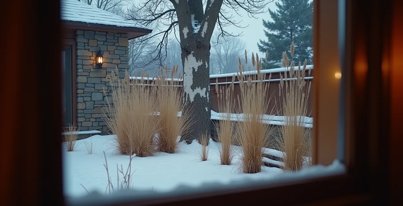 Vue depuis une fenêtre sur un jardin d'hiver avec graminées ornementales et bouleau à papier sous la neige